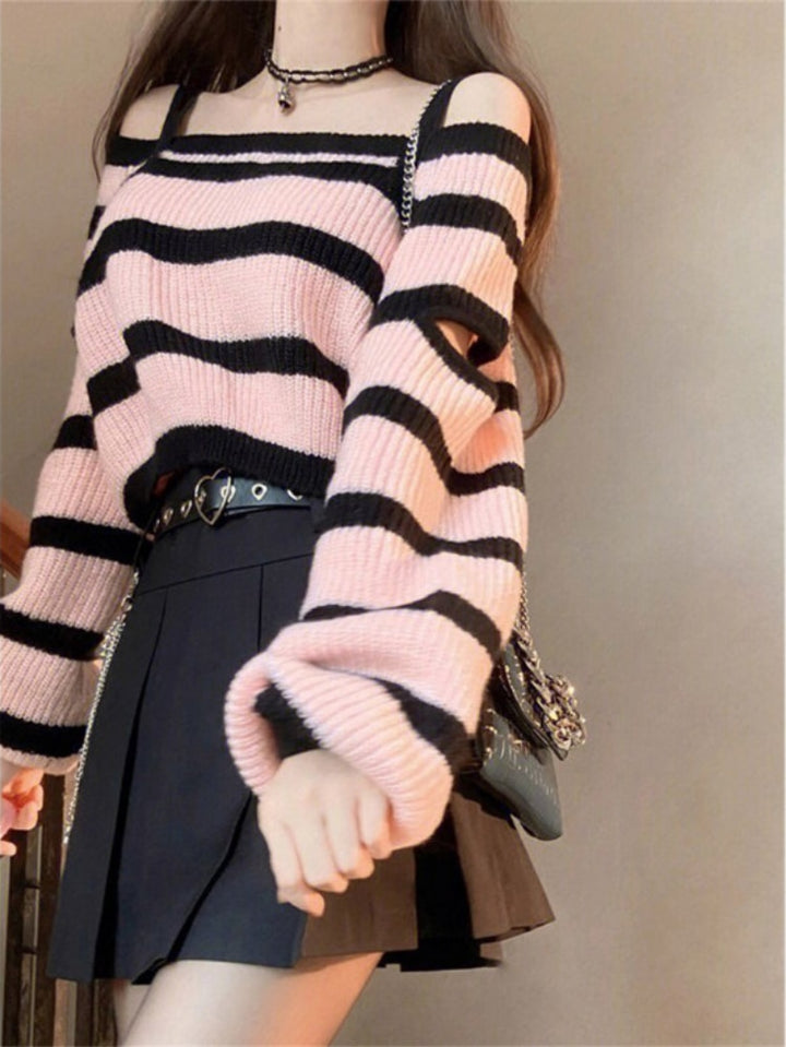 Y2k Harajuku Striped Off Shoulder Sweater Pastel Kitten