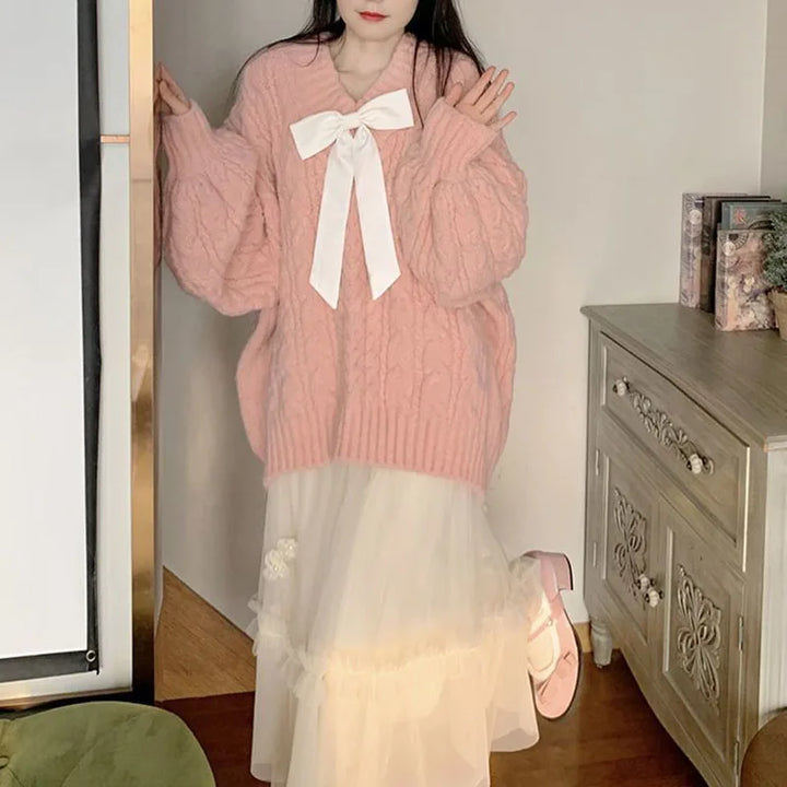 Pink Kawaii Oversize Knitwear Sweaters Women Sweet Cute Big Bow Pullovers Autumn Winter Keep Warm Lantern Sleeve V-Neck Sweater Pastel Kitten