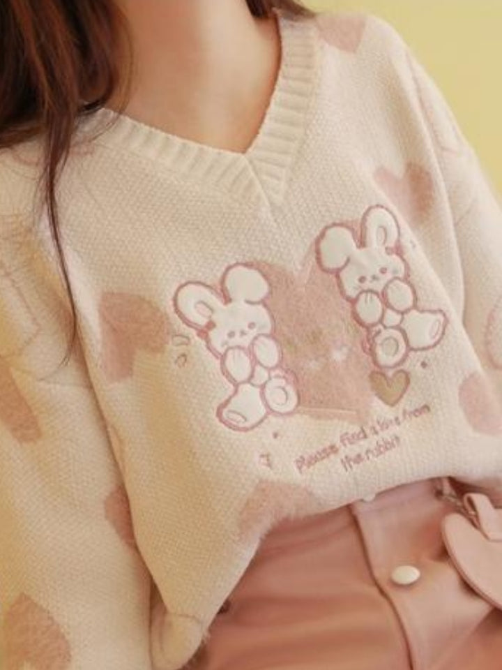 Harajuku Rabbit Embroidery Sweater Pastel Kitten