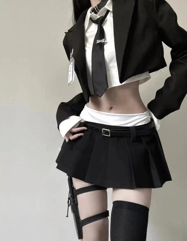 Korean Slim Office Outfit Set - Blazer, Shirt & Mini Skirt Pastel Kitten