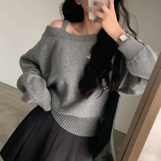 Korean Women's Off Shoulder Strap Knitwear Sweater New Design Diagonal Shoulder Short Top Elegant Sexy Bat Sleeve Sweater свитер Pastel Kitten