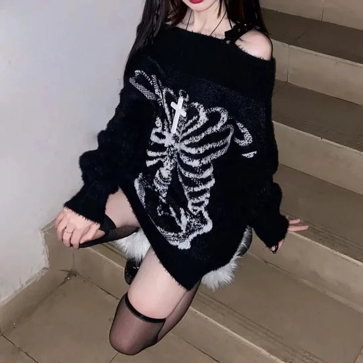 Y2K Gothic Off-Shoulder Sweater Pastel Kitten