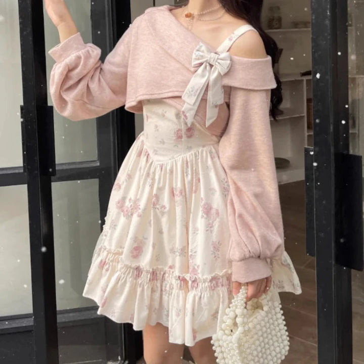 Cute Lolita Outfit Set - Knit Jumper & Mini Dress Pastel Kitten