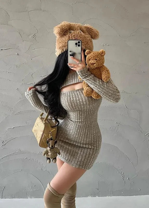 Korean Slim Knit Mini Dress Pastel Kitten