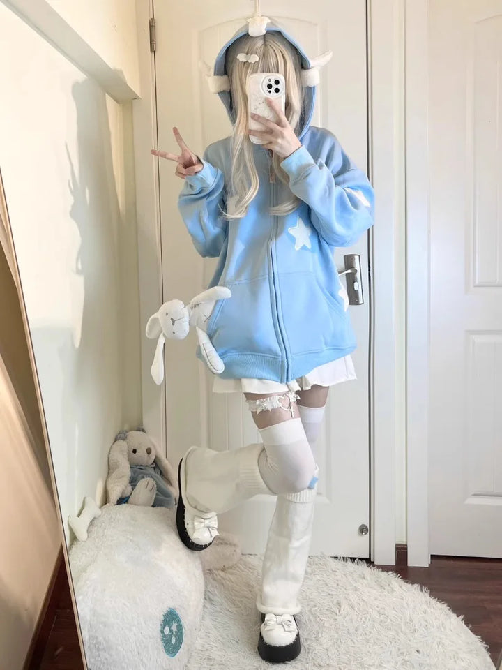 Y2K Anime Zip Hoodie Pastel Kitten