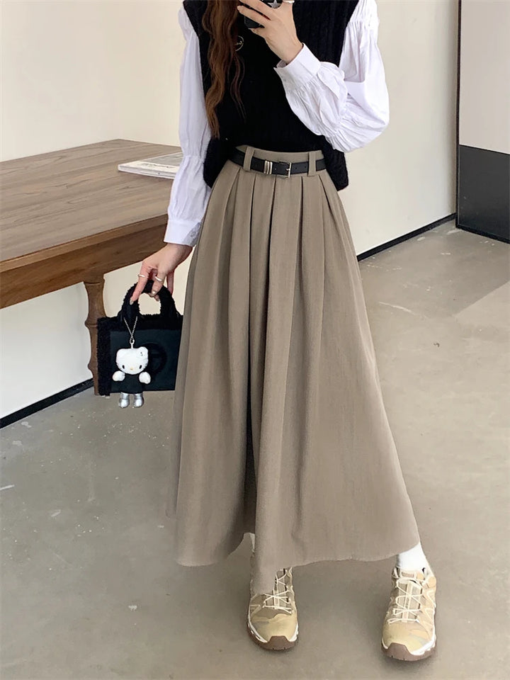 Korean Pleated Midi Skirt Pastel Kitten