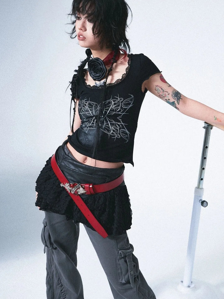 Y2K Grunge Lace T-Shirt Pastel Kitten