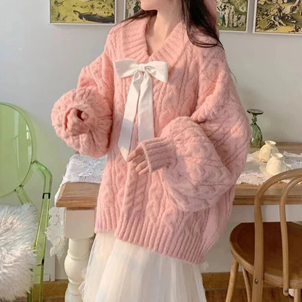 Pink Kawaii Oversize Knitwear Sweaters Women Sweet Cute Big Bow Pullovers Autumn Winter Keep Warm Lantern Sleeve V-Neck Sweater Pastel Kitten