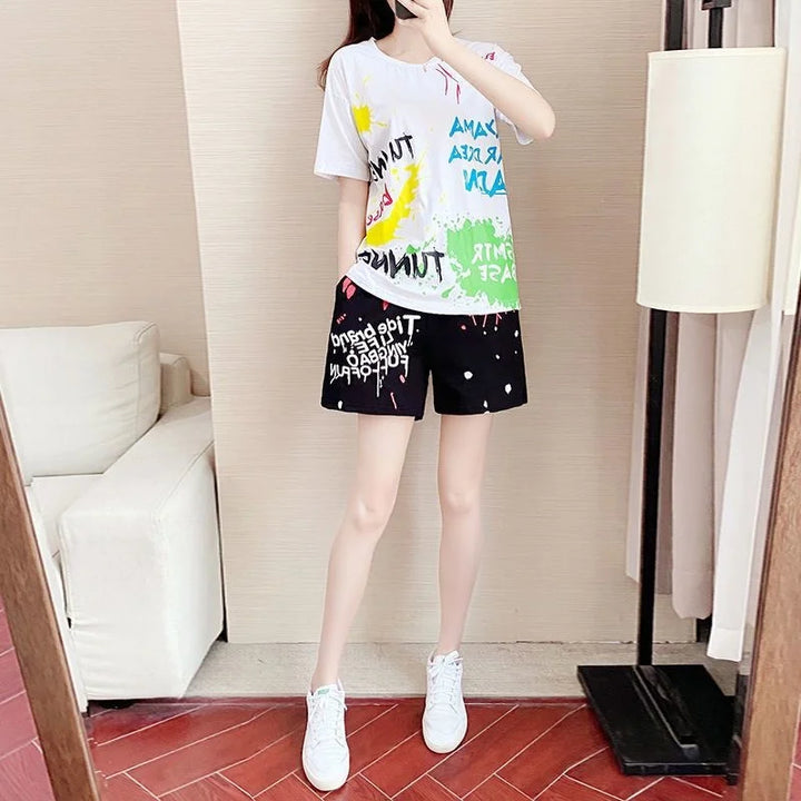Korean Urban Summer Outfit - T-Shirt and Shorts Pastel Kitten