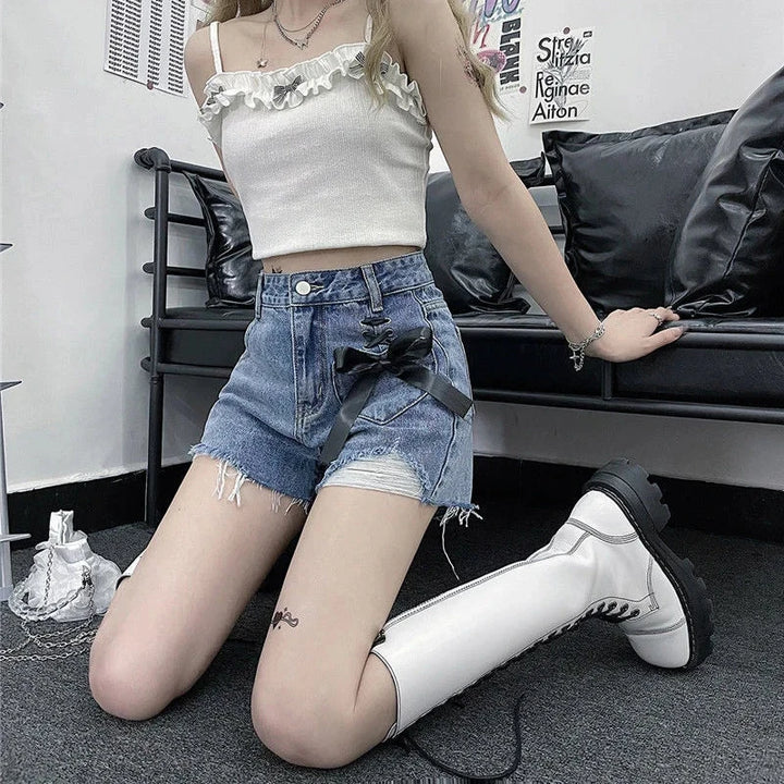 Jmprs Y2K Hole Gothic Denim Shorts Women Streetwear Bow Lace Up Shorts Harajuku Retro High Waist Design Hip Hop Jeans Shorts New Pastel Kitten