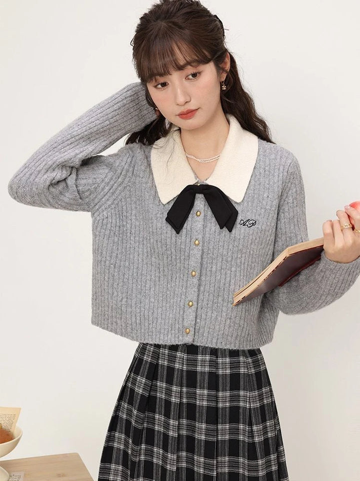 HOUZHOU Elegant Preppy Style Women Sweaters Sweet Coquette Korean Style Bow Knitted Cardigan Cropped Casual Old Money Knitwear Pastel Kitten