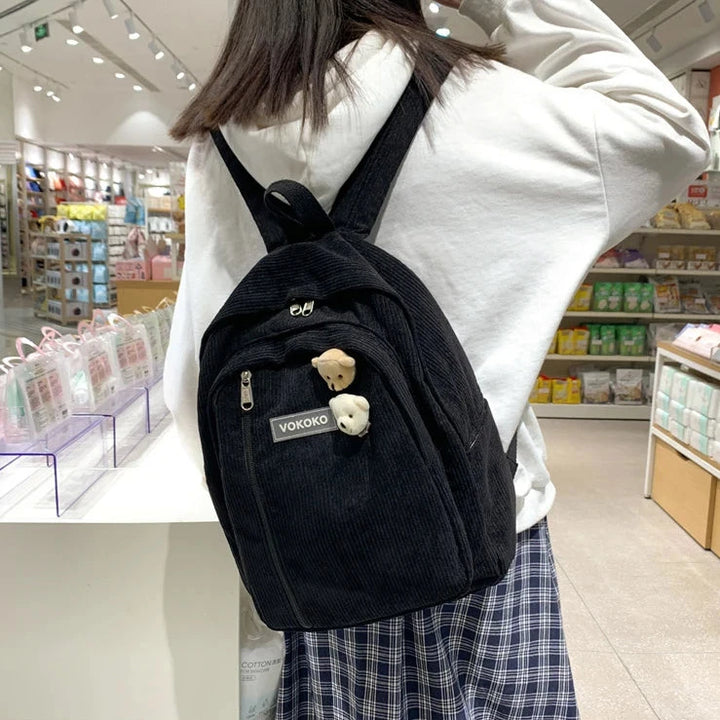 Cute Corduroy School Backpack Pastel Kitten