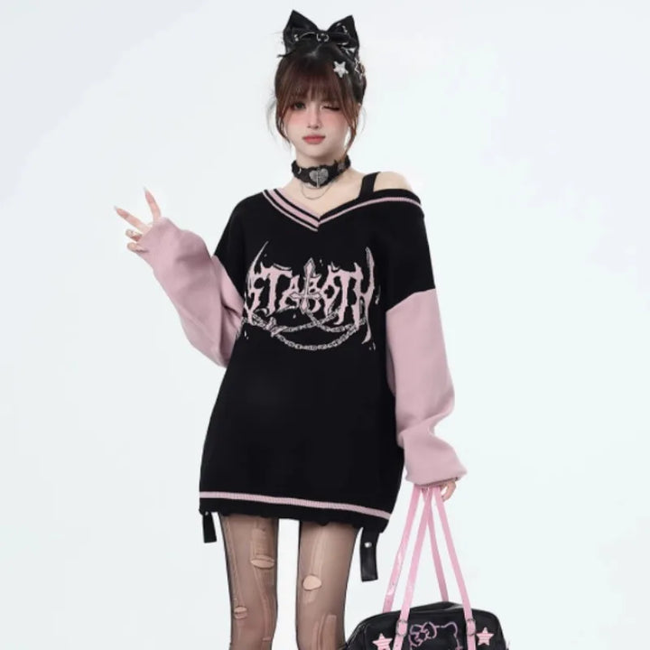 V-neck Harajuku Gothic Sweater Pastel Kitten