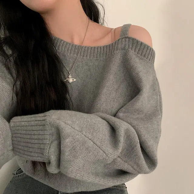 Korean Women's Off Shoulder Strap Knitwear Sweater New Design Diagonal Shoulder Short Top Elegant Sexy Bat Sleeve Sweater свитер Pastel Kitten