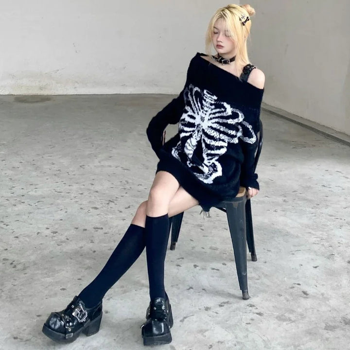 Y2K Gothic Off-Shoulder Sweater Pastel Kitten