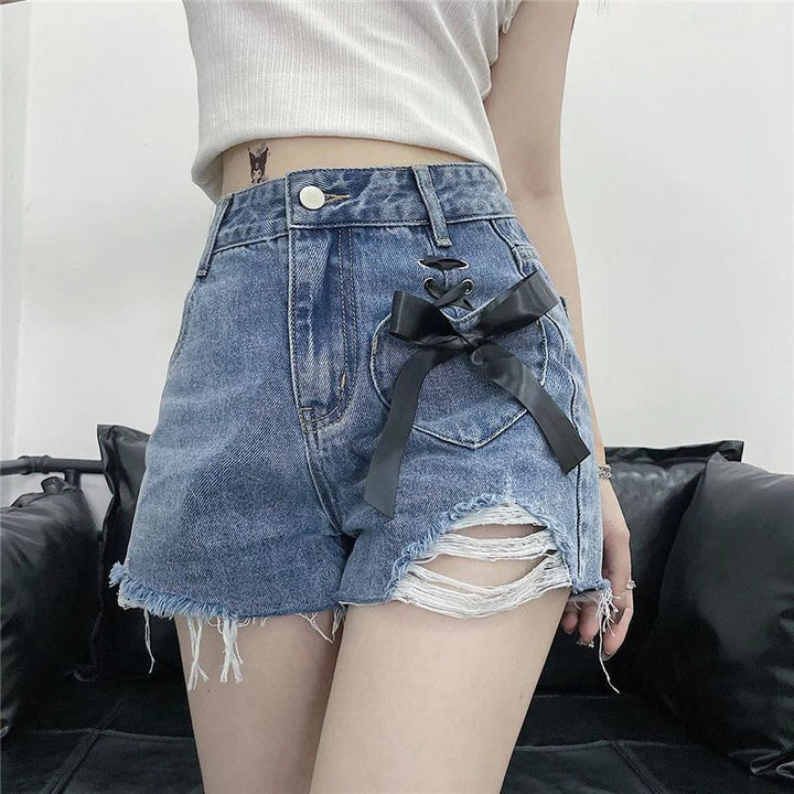 Jmprs Y2K Hole Gothic Denim Shorts Women Streetwear Bow Lace Up Shorts Harajuku Retro High Waist Design Hip Hop Jeans Shorts New Pastel Kitten