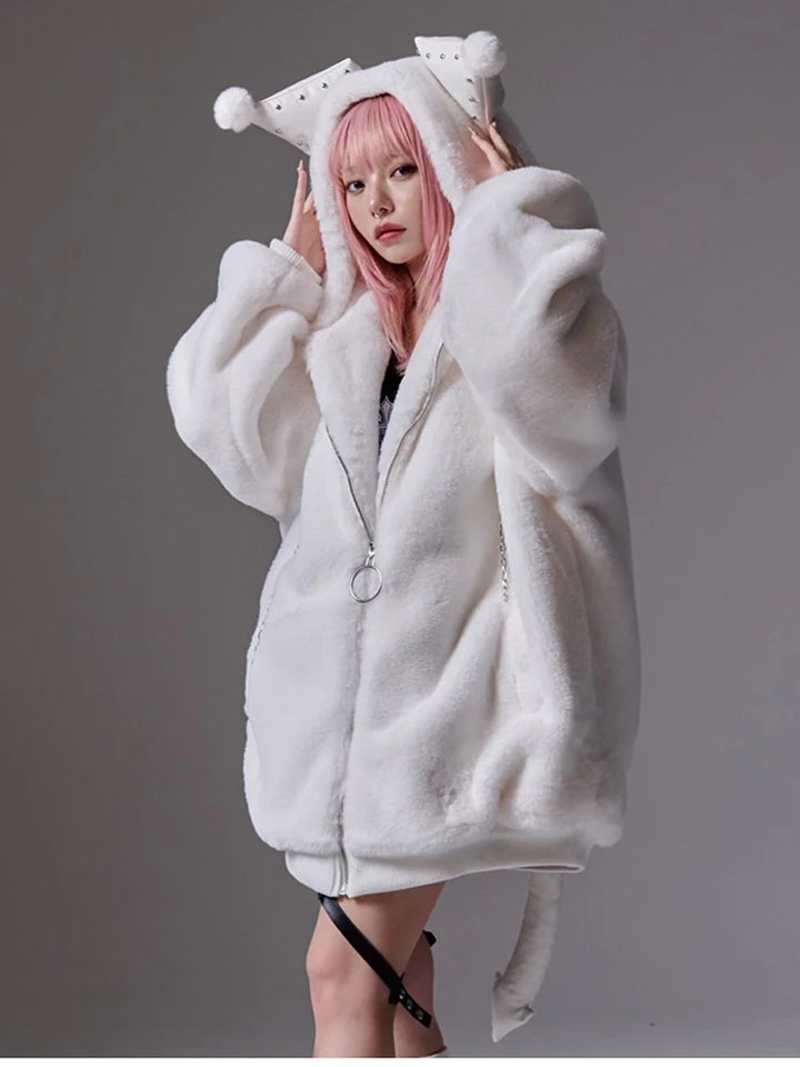 Lautaro Winter Oversized Warm Thick White Faux Fur Coat Women with Hood Sweet Cute Kawaii Japanese Style Fashion Fluffy Jacket Pastel Kitten