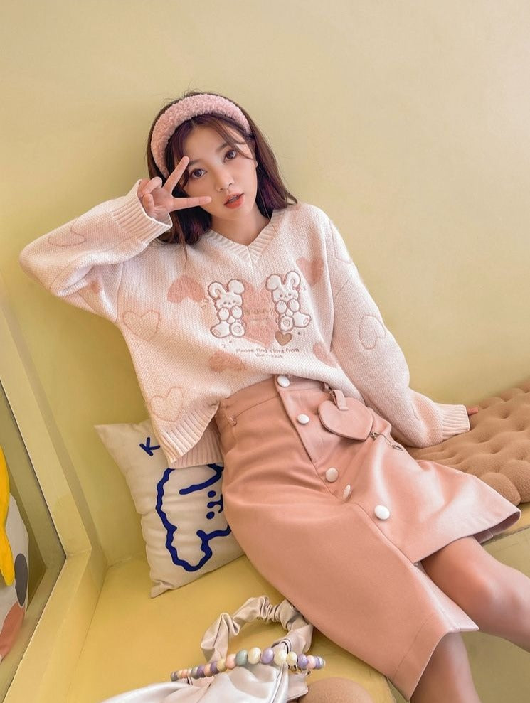 Harajuku Rabbit Embroidery Sweater - Pastel Kitten