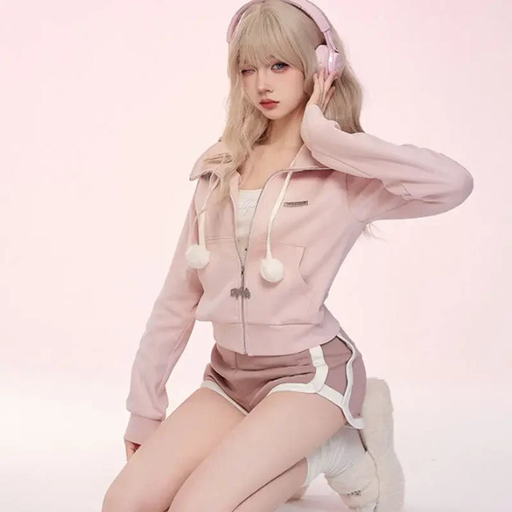 Warm Kawaii Outfit Set - Hooded Coat & Shorts Pastel Kitten