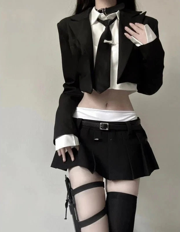 Korean Slim Office Outfit Set - Blazer, Shirt & Mini Skirt Pastel Kitten