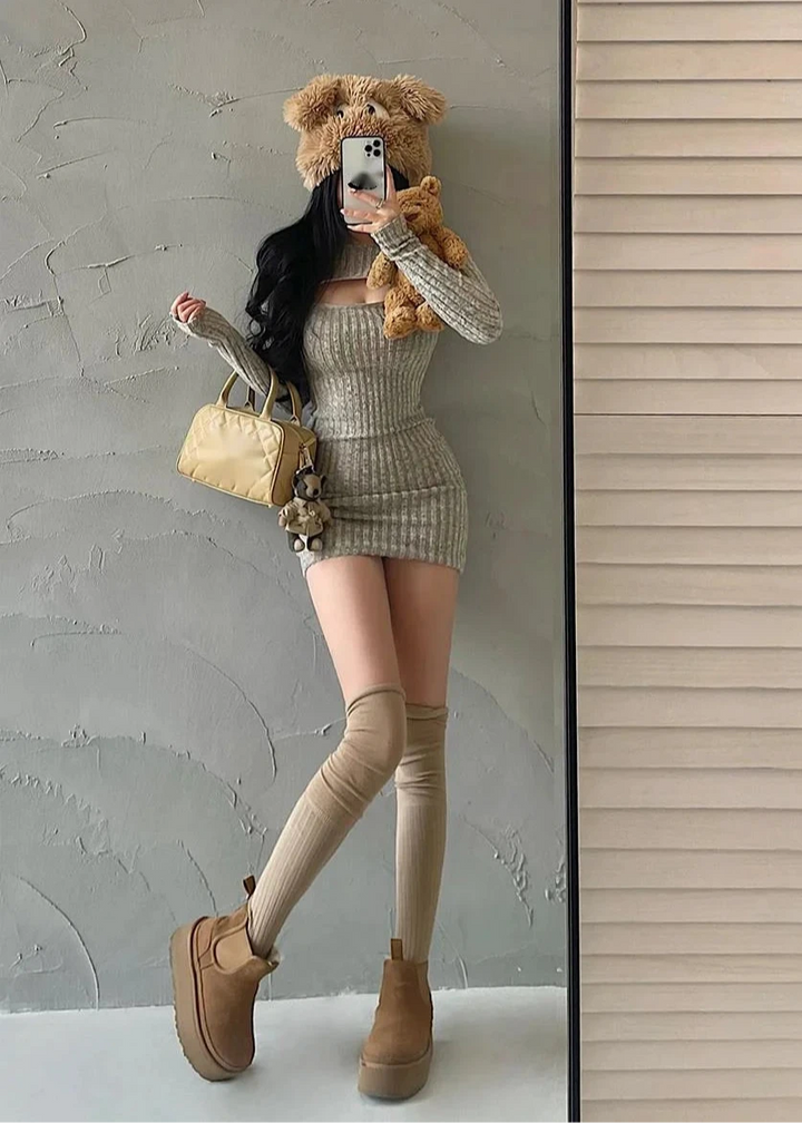 Korean Slim Knit Mini Dress Pastel Kitten