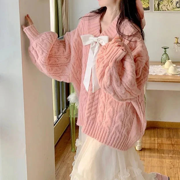 Pink Kawaii Oversize Knitwear Sweaters Women Sweet Cute Big Bow Pullovers Autumn Winter Keep Warm Lantern Sleeve V-Neck Sweater Pastel Kitten