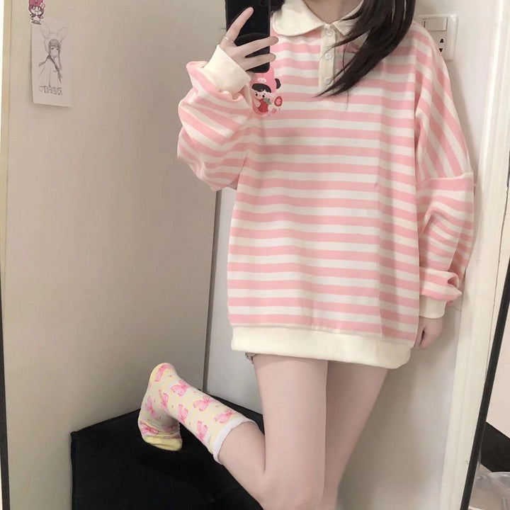 Japanese Striped Kawaii Sweatshirt Pastel Kitten