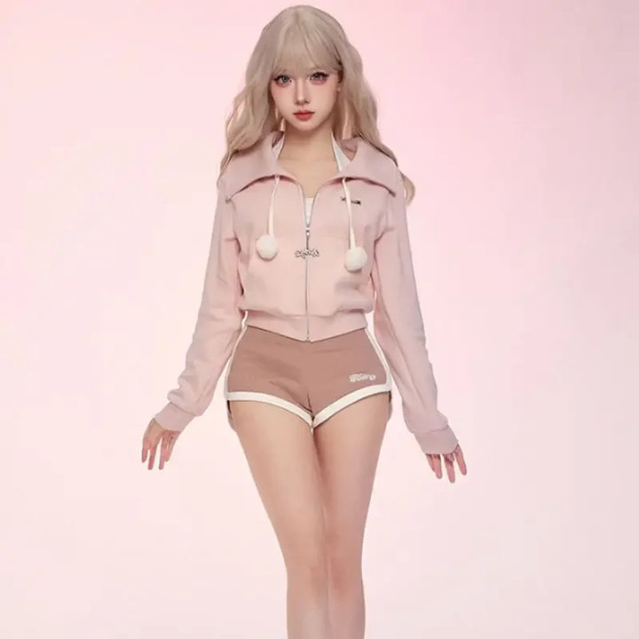 Warm Kawaii Outfit Set - Hooded Coat & Shorts Pastel Kitten