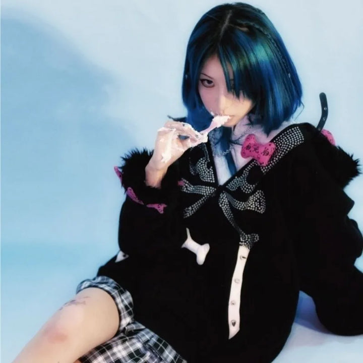 Y2K Oversized Emo Zip Hoodie Pastel Kitten