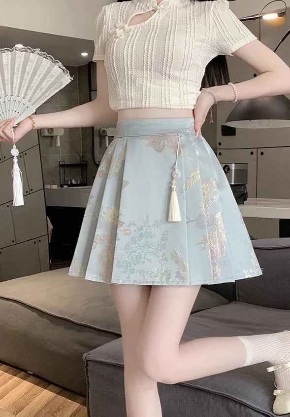 Cute Chinese Style Embroidered Skirt Pastel Kitten