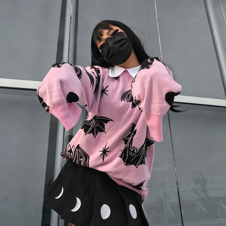 Pink Bat Y2K Gothic Sweater Pastel Kitten