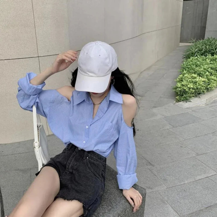 Korean Casual Off-Shoulder Blouse Pastel Kitten