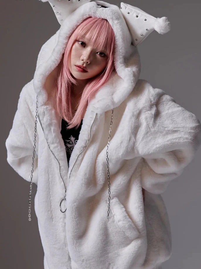 Lautaro Winter Oversized Warm Thick White Faux Fur Coat Women with Hood Sweet Cute Kawaii Japanese Style Fashion Fluffy Jacket Pastel Kitten