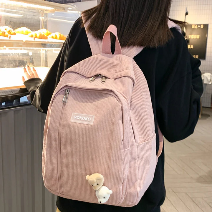 Cute Corduroy School Backpack Pastel Kitten