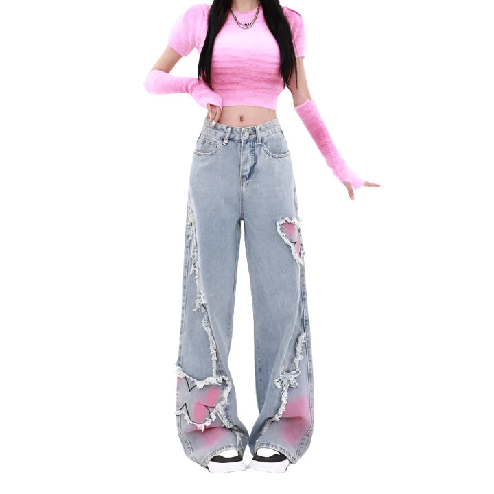 Korean Ripped Butterfly Jeans Pastel Kitten