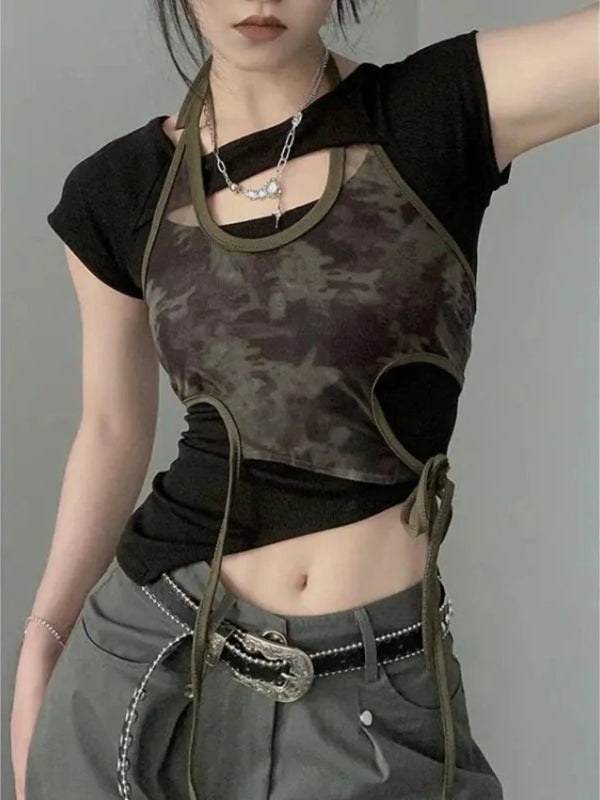 Camouflage Outfit Set - Camisole Top & T-Shirt Pastel Kitten