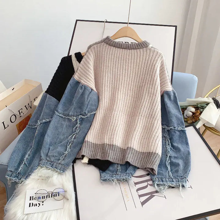 Loose Denim Sleeve Knit Sweater Pastel Kitten