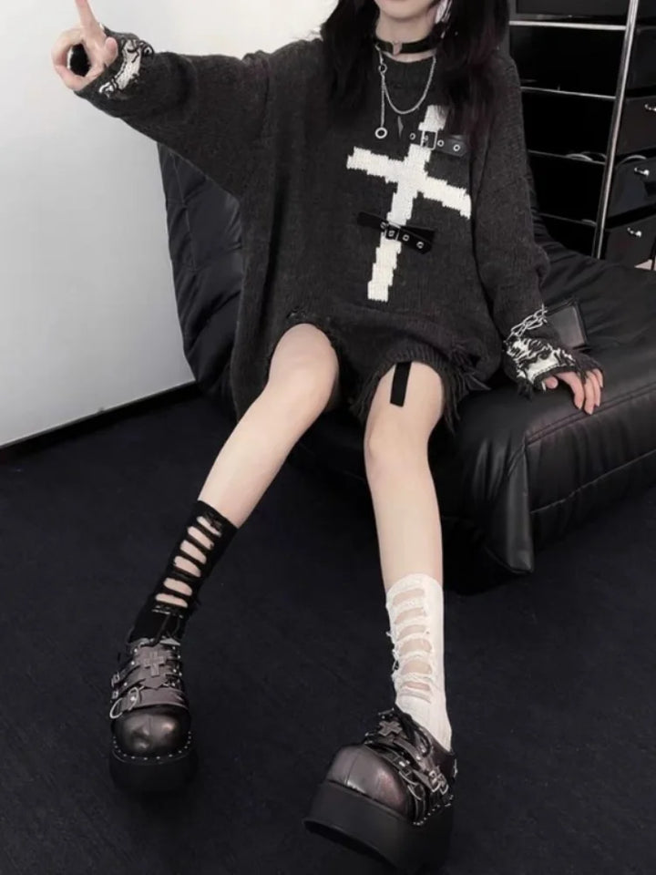 Y2k Gothic Cross Pullover Pastel Kitten
