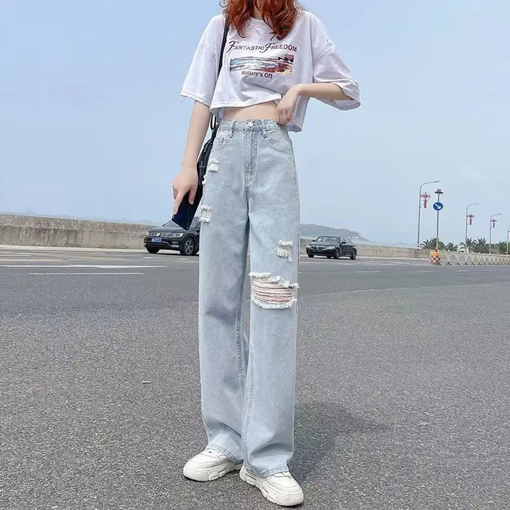 Ripped High Waist Loose Jeans Pastel Kitten