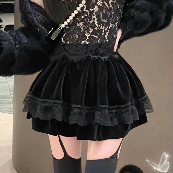 Kawaii Velvet Mini Skirt Pastel Kitten