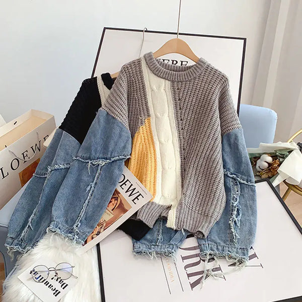 Loose Denim Sleeve Knit Sweater Pastel Kitten