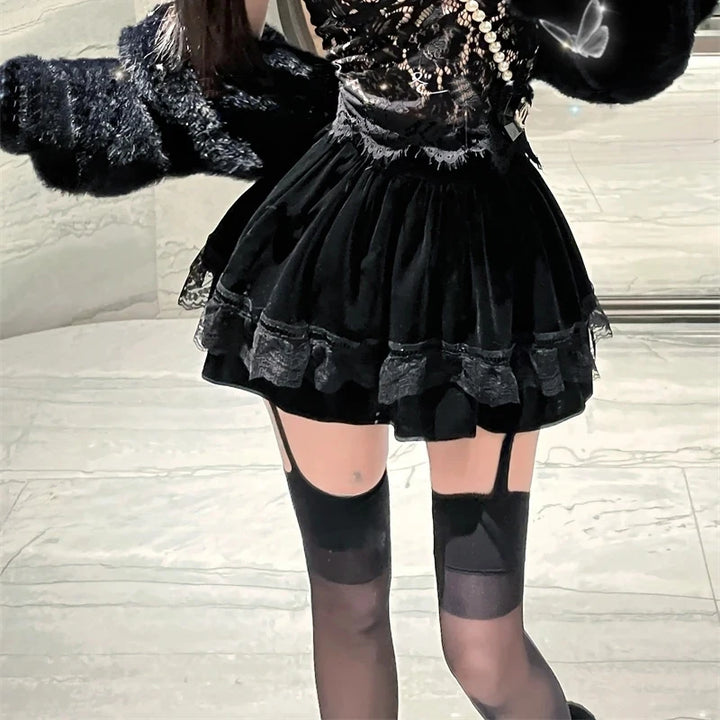 Kawaii Velvet Mini Skirt Pastel Kitten