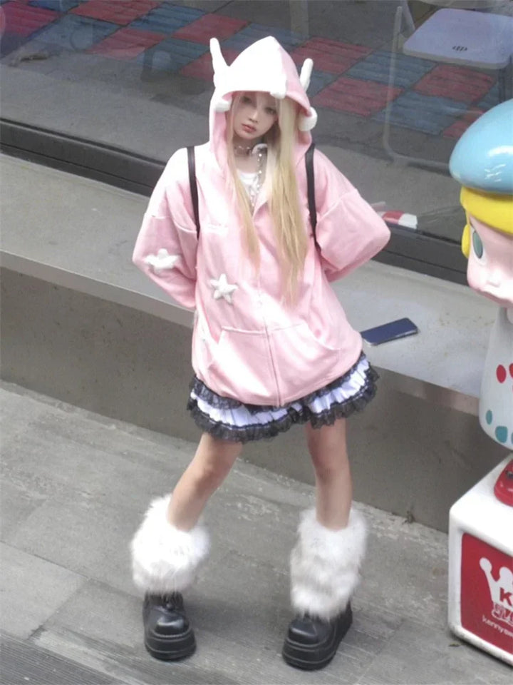 Y2K Anime Zip Hoodie Pastel Kitten