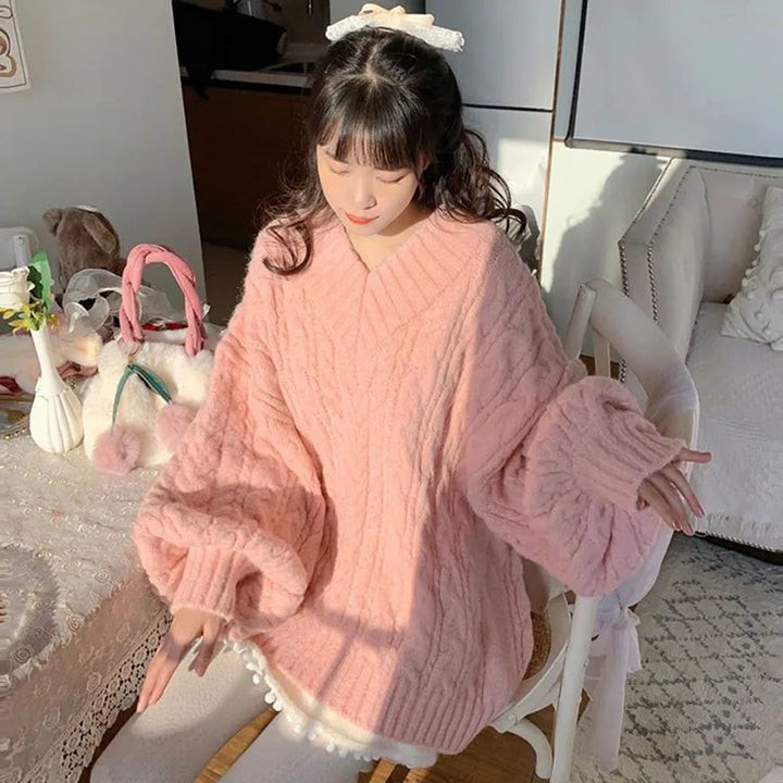 Pink Kawaii Oversize Knitwear Sweaters Women Sweet Cute Big Bow Pullovers Autumn Winter Keep Warm Lantern Sleeve V-Neck Sweater Pastel Kitten