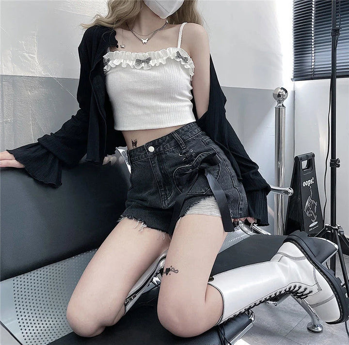 Jmprs Y2K Hole Gothic Denim Shorts Women Streetwear Bow Lace Up Shorts Harajuku Retro High Waist Design Hip Hop Jeans Shorts New Pastel Kitten