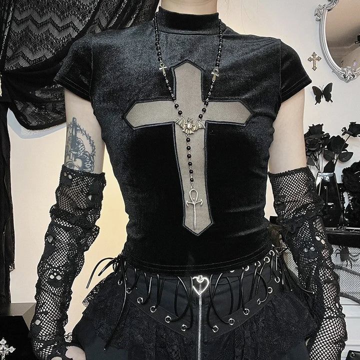 Goth Dark Cross T-shirt Pastel Kitten