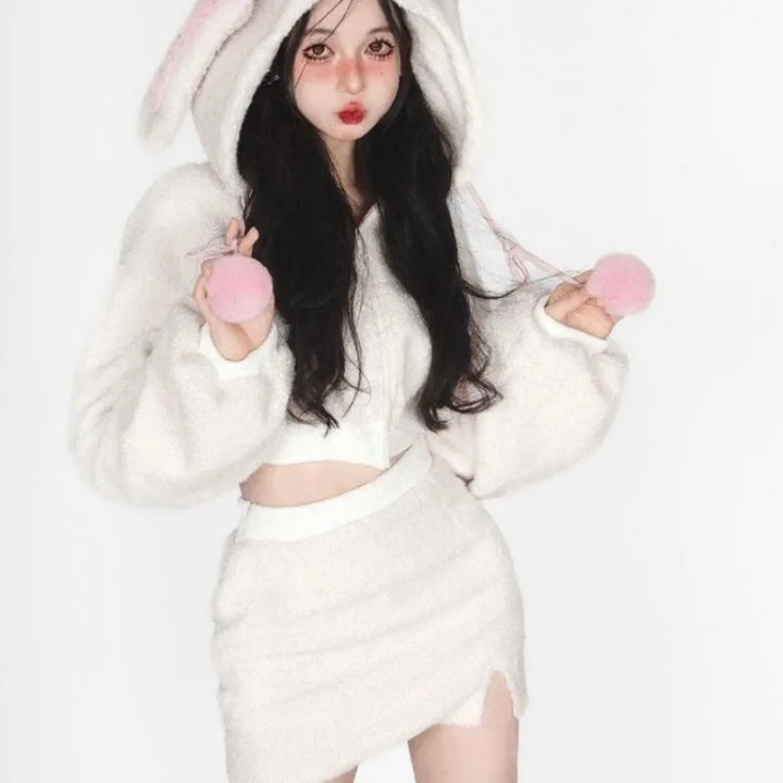 Kawaii Fluffy Rabbit Outfit Set - Hoodie & Skirt Pastel Kitten