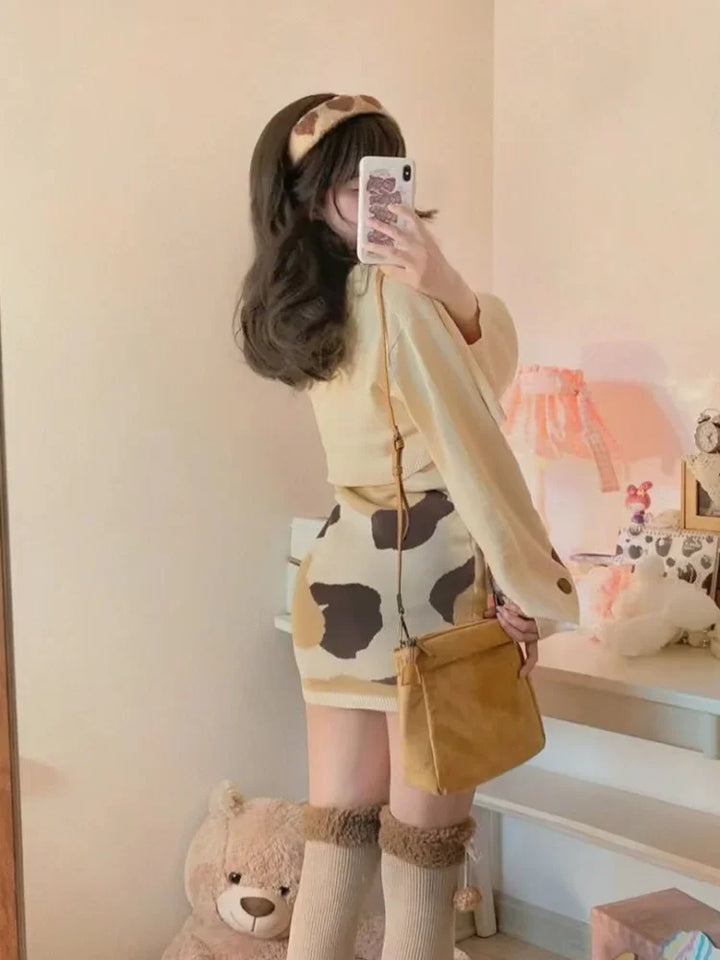 Korean Cute Outfit Set — Cardigan & Mini Dress Pastel Kitten