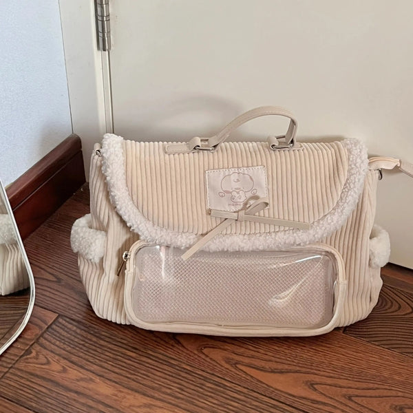 Cute Corduroy Messenger Bag Pastel Kitten