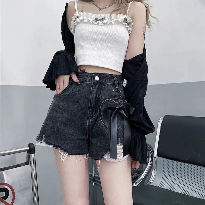 Jmprs Y2K Hole Gothic Denim Shorts Women Streetwear Bow Lace Up Shorts Harajuku Retro High Waist Design Hip Hop Jeans Shorts New Pastel Kitten